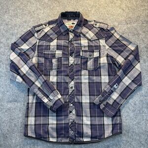 Buffalo David Bitton Shirt Mens Medium Blue Plaid Western Snap Front Long Sleeve